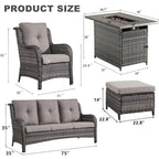 6 Pieces Outdoor Chair Sofa Ottoman with Fire Pit Table - Grey