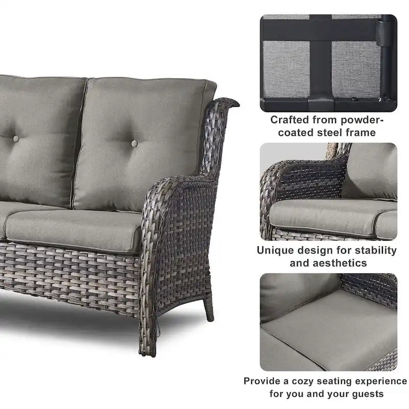6 Pieces Outdoor Chair Sofa Ottoman with Fire Pit Table - Grey