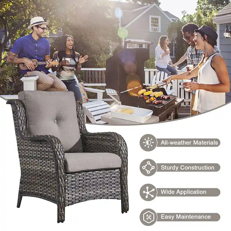 6 Pieces Outdoor Chair Sofa Ottoman with Fire Pit Table - Grey