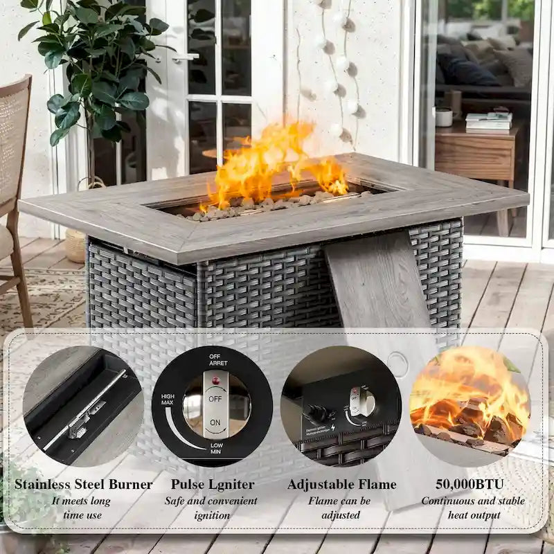 6 Pieces Outdoor Chair Sofa Ottoman with Fire Pit Table - Grey