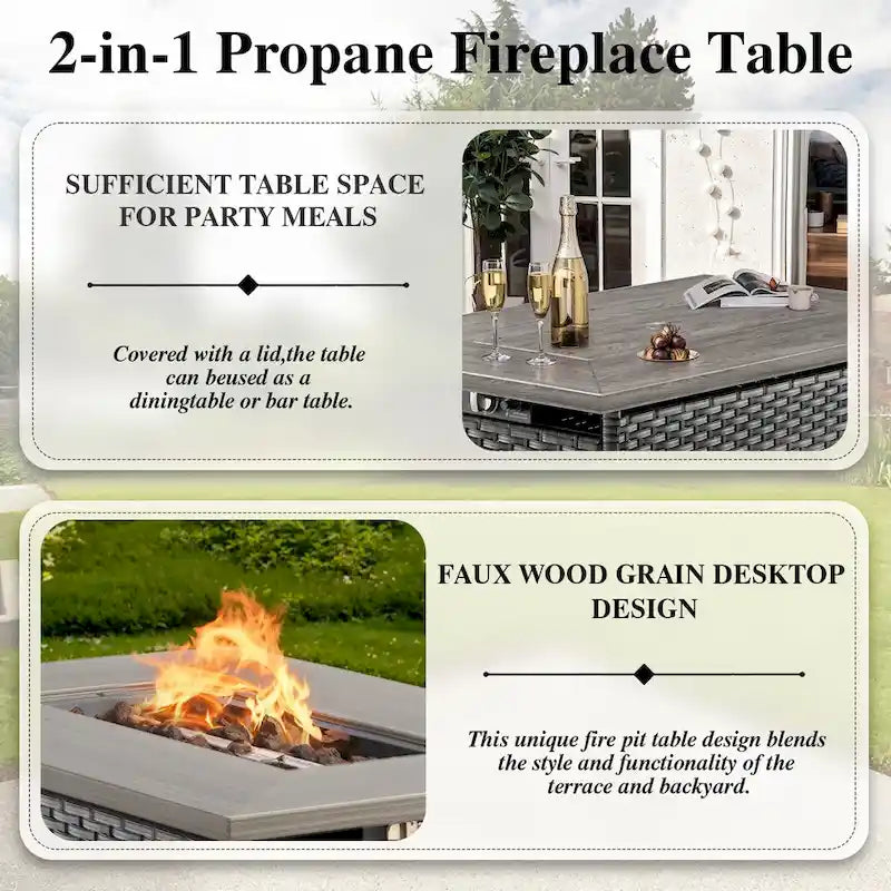6 Pieces Outdoor Chair Sofa Ottoman with Fire Pit Table - Grey