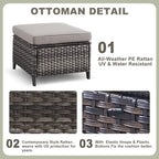6 Pieces Outdoor Chair Sofa Ottoman with Fire Pit Table - Grey